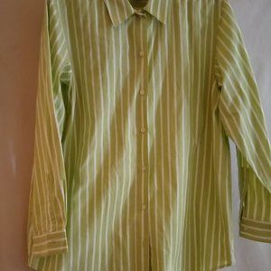 Denim And Co Women's Blouse Size Large Green White Stripe 100% Cotton